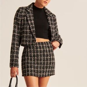 Abercrombie & Fitch Tweed Blazer And Skirt Set Black White Plaid Size XS